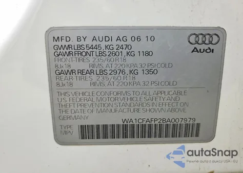 2011 Audi Q5 Premium z USA, uszkodzony, nr VIN WA1CFAFP2BA007979
